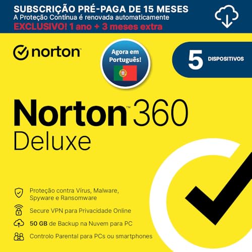 Norton 360 Deluxe 2023 - Software antivírus para 5 Dispositivos e 15 meses de subscrição com renovação automática,Controlo Parental e VPN segura para PC, Mac, tablet, Código enviado por correio