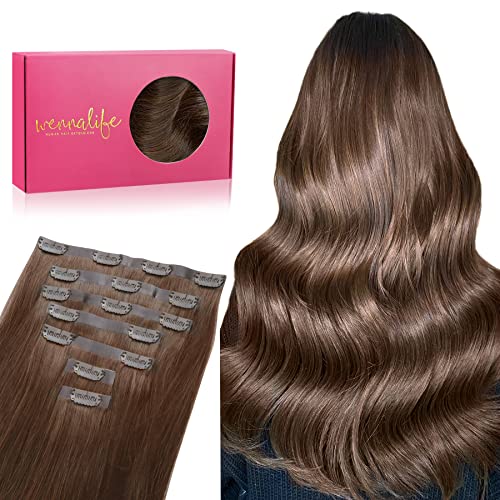 WENNALIFE Extensões de clipe sem costura de cabelo natural, castanho chocolate 45 cm 130 g 7 peças sem costuras extensões de cabelo natural grampo extensões de cabelo Remy humano natural invisível