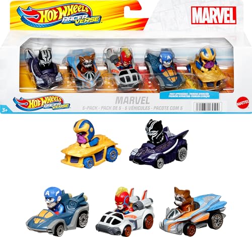 Hot Wheels RacerVerse Conjunto de 5 carros de brinquedo de metal da Marvel otimizados para uso em pistas de Hot Wheels, com personagens populares da Marvel como pilotos, presentes para fãs, HPN40