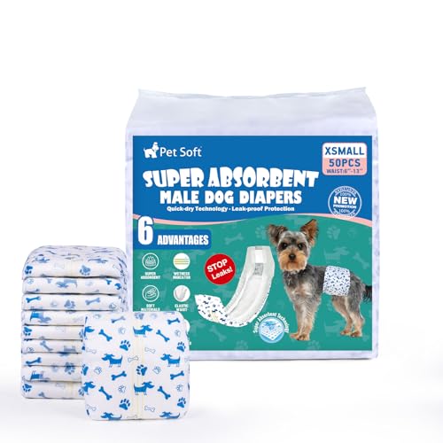 Pet Soft Fraldas descartáveis para cães, 50 unidades, para cães macho, altamente absorventes, com indicador de humidade e à prova de fugas (XS-50 unidades)