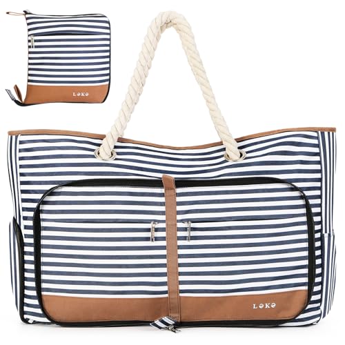Lekespring Saco de praia grande XXL familiar com fecho de correr mala de viagem, impermeável Shopper mala de ombro para mulher, mala de mão dobrável para praia/viagens/uso diário