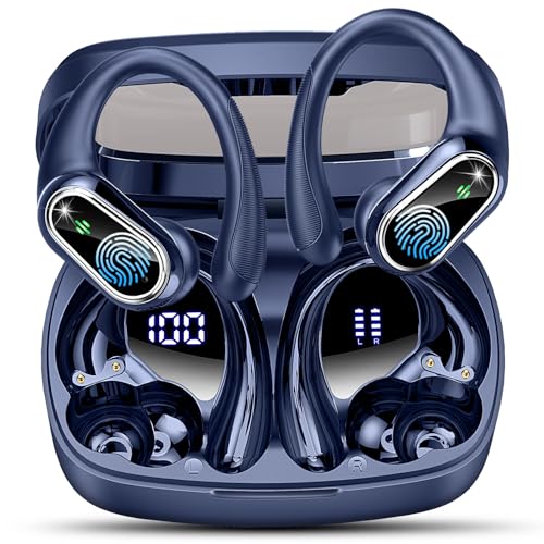 Auriculares sem fios desportivos, auriculares Bluetooth 5.3 com 4 HD Mic e cancelamento de ruído ENC, 50H capacetes sem fios Bluetooth HiFi estéreo para desportos, ecrã LED, IP7 impermeável, azul