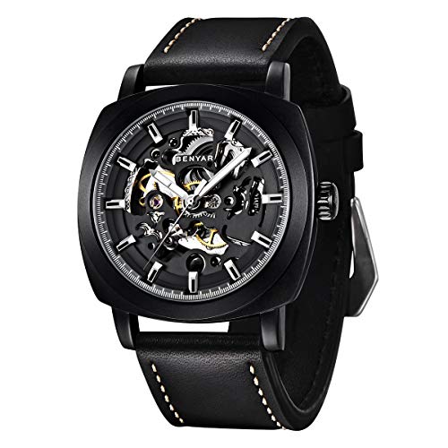 BENYAR - Relógio de pulso automático para homem | pulseira de couro | movimento dourado | mostrador esqueleto de 45 mm | resistente à água e aos riscos | Disponível em banda multicolorido