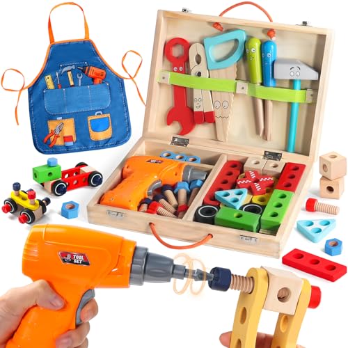 Brinquedos crianças 3 anos caixa ferramentas - jogo educativo com parafuso elétrico e avental infantil, brinquedos Montessori educativos presentes meninos meninas 3 4 5 6 anos jogos de construção