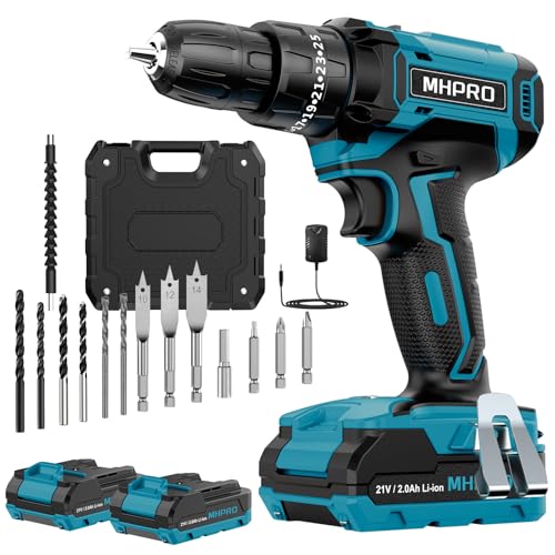 Broca Percutor a bateria 21 V, MHPRO Broca parafuso bateria com 2 x 2,0 Ah baterias, parafuso elétrico 42 Nm, ajuste de par de 25 + 3, 14 acessórios, 2 velocidades, luz LED para casa, bricolage