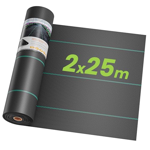 OUNUO 2 x 25 m malha anti-ervas, malha contra ervas daninhas, 90 g/m² geotêxtil, proteção contra relva artificial, lona anti-ervas e jardim, anti-UV, preto