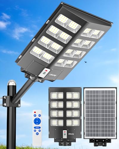 Ofuray Of-2600 W Lâmpadas solares exteriores, 268000 LM holofote solar exterior com sensor de movimento, 6500 K luz LED solar com controlo remoto, IP67 candeeiro de segurança impermeável para jardim