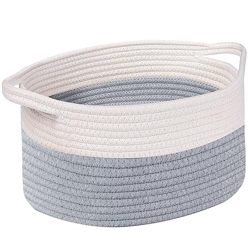 OUTBROS Cestas de armazenamento tecida com cordão de algodão, com manga, recipientes de armazenamento de casa de banho, para quarto e armário, 33 x 23 x 18 cm, branco e cinzento