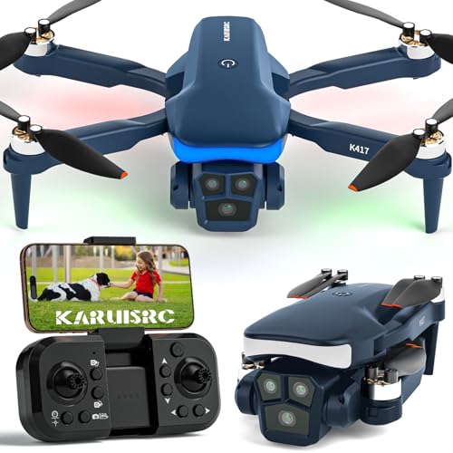 Karuisrc Drone com câmara dupla 1080P para adulto principiante, ajuste elétrico de 90°, Drones RC dobráveis com luz LED azul, controlo gravidade por gestos e posicionamento ótico, ideal para