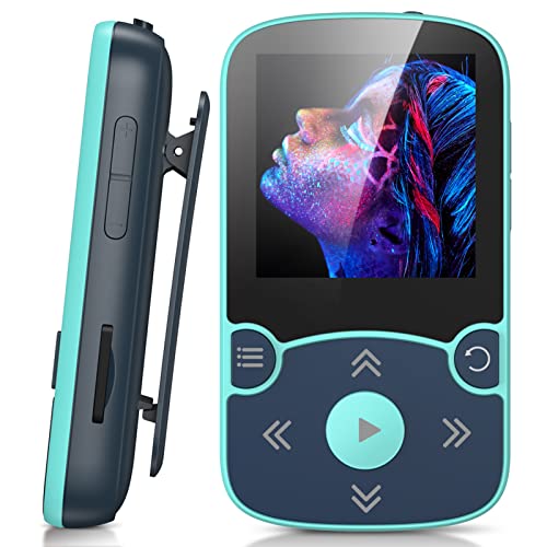 AGPTEK 32 GB Clip leitor MP3 desportivo Bluetooth 5.3, HiFi MP3 Player portátil sem perda, rádio FM, podómetro inteligente, fotos, gravações, e-book, suporta até 128 GB (azul1)