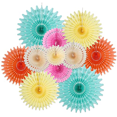 Sunbeauty 11 leques de papel multicoloridos, decoração de pendente, grinalda bege, verde, amarelo, rosa, leques de papel, conjunto de decoração para casamentos, aniversário, decoração de mesa