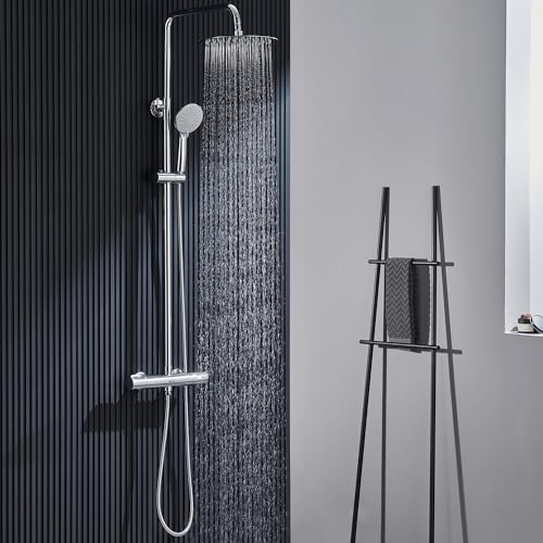 Ulytid Coluna duche termostática 38 °C, conjunto de chuveiro com torneira térmica, sistema de chuveiro cromado para casa de banho, chuveiro de mão de 3 modos, barra de duche ajustável em altura,