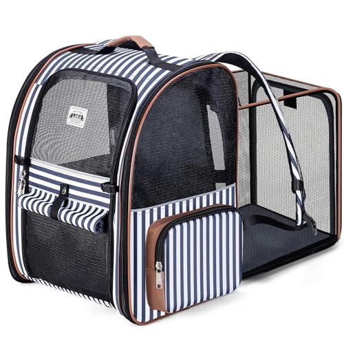 Lekespring Transportin gato expansível com 4 entradas, mochila de gato respirável, transporte cão pequeno com arnês interno, mochila para cão carga máxima de 12 kg impermeável - riscas XXL