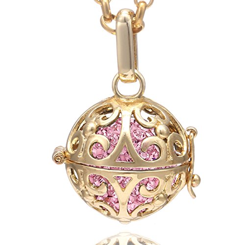 Morella Colar de aço inoxidável dourado 70 cm com pingente dourado ornamento e bola de ressonância de zircónia para senhoras em saco para jóias