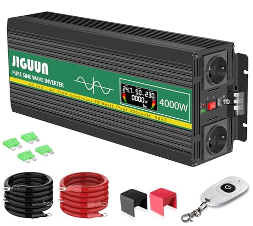 JIGUUN 4000 W Inversor 24 V 220 V conversor de onda pura com 2 entradas UE e um USBA, controlo remoto sem fios e indicador LCD, potência máxima de 8000 W para RV, viagens, emergências
