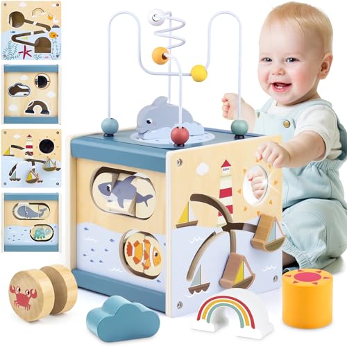Airlab Cubo atividades bebé 1 ano presentes, brinquedos de madeira Montessori com labirinto de contas classificador de formas jogos sensoriais educativos para meninas e meninos de 12 3 anos