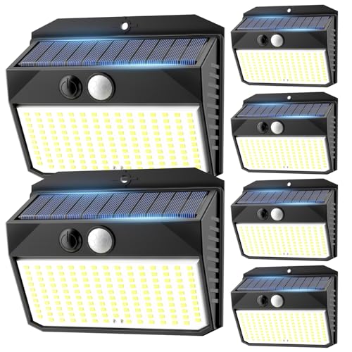 SIGRILL Luz solar exterior, 150 LED luzes solares com sensor de movimento, 6 pacotes holofotes solares exteriores com 3 modos, IP65 candeeiros exteriores impermeáveis para jardim, garagem, rua, pátio,