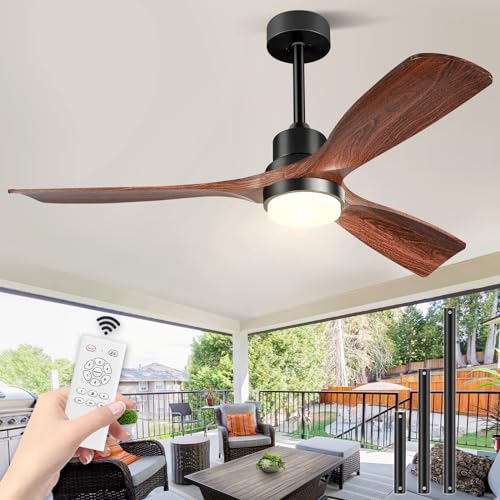 Ventoinha de teto com luz e controlo remoto, de madeira, ventiladores de teto de 132 cm com lâmpada LED com motor DC, 3 pás, 6 velocidades, silencioso, temporizador, para quarto exterior e sal