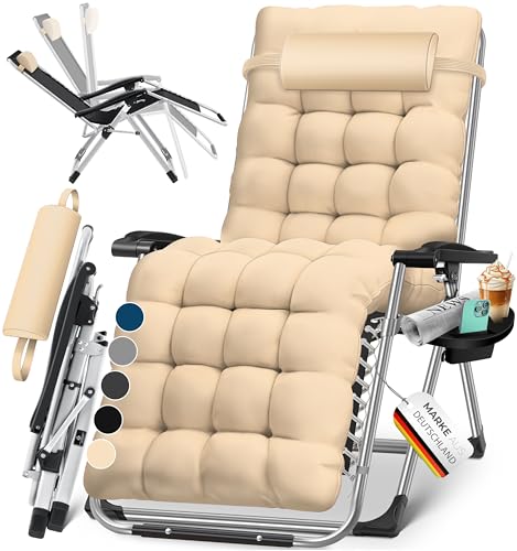 KESSER® Espreguiçadeira dobrável e resistente | cadeira de jardim, capacidade de 200 kg, acolchoado ergonómico extra largo, encosto ajustável, almofada para pescoço e suporte para copos bege