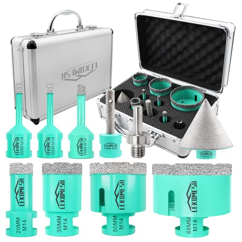 LEKOMESH Brocas Porcelânico diamante - 10 peças (6/6/8/20/35/50/68 mm + 10 mm morango de diamante + 50 mm broca fresada chanfro de diamante + adaptador) coroa diamante para porcelana cerâmica
