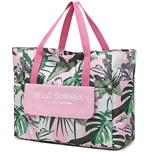 Myhozee Borsa Mare Grande xxl Famiglia, Borsa da Spiaggia Donna, com chiusura lampo, borsa estiva da spiaggia, impermeável, per piscina, gite in spiaggia piquenique viaggi Foglia verde, Folha