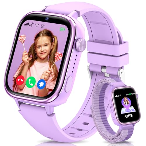 SWGOTA 4G Relógio inteligente criança, Smartwatch crianças com GPS, chamadas, videochamadas, mensagens, modo escola, função Sos, IP68 impermeável, despertador, câmara e podómetro (roxo)