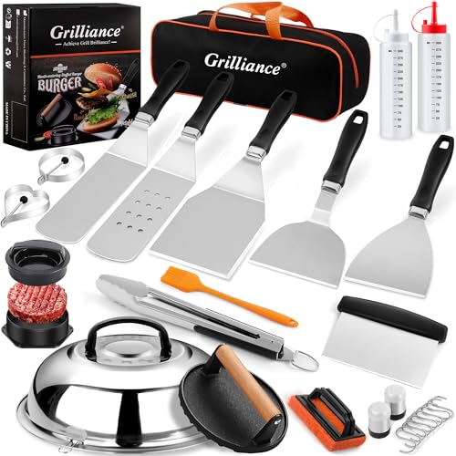 Grilliance 27 peças conjunto de espátulas ferro grelha acessórios para homem, Teppanyaki Set utensílios churrasco aço INOX, profissional Hibachi Smash Burger Kit presente com prensa de hambúrguer