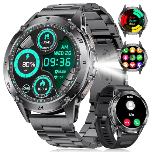 LIGE Militar relógio inteligente para homens, 1,43 '' Smartwatch homem com lanterna, 110 modos desportivos, 530 mAh, impermeável/24H frequência cardíaca/chamadas Bluetooth assistente de voz para