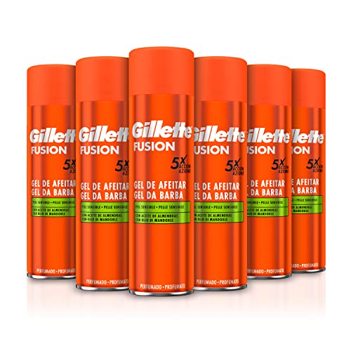 Gillette Fusion Gel de barbear para homem, para peles sensíveis, ação x 5, pack de 6 x 200 ml, com óleo de amêndoas, limpo, hidratante e protege