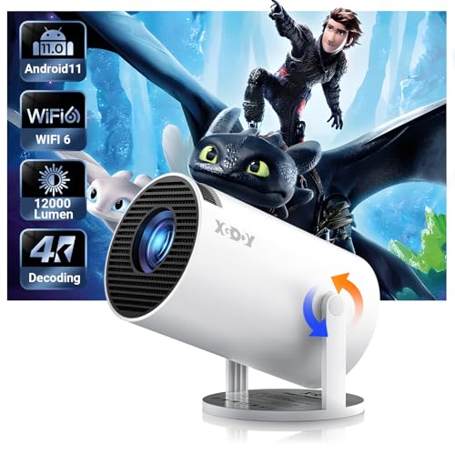 Projetor portátil XGODY Gimbal 3 com WiFi6, Bluetooth 5.0 e Android TV 11.0, 12000L, suporte 4K, mini projetor portátil com correção trapezoidal automática e suporte rotativo para telemóvel
