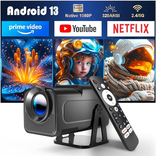 [Netflix-oficial]HY320 NTV Android 13 Smart Projetor com vários aplicativos de TV oficial, assistente de voz inteligente 1080P nativa/resolução ótica 320ANSI 5G Wifi BT 5.2 portátil projetor de vídeo