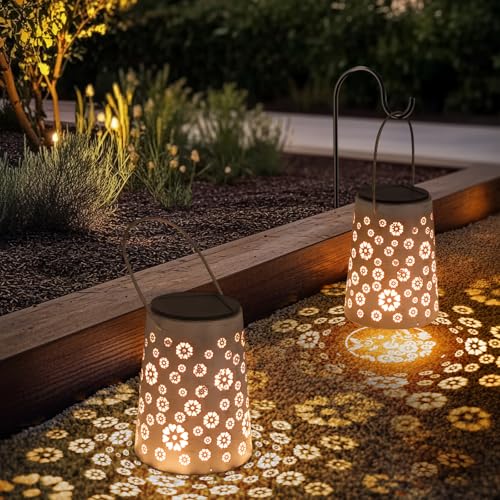 Ketom 2 peças lanternas solares exteriores, IP65, impermeável, lanternas solares, metal candeeiro solar jardim, pendente/em pé, para decoração de terraço, varanda Camping, motivo do Fiore D'amore