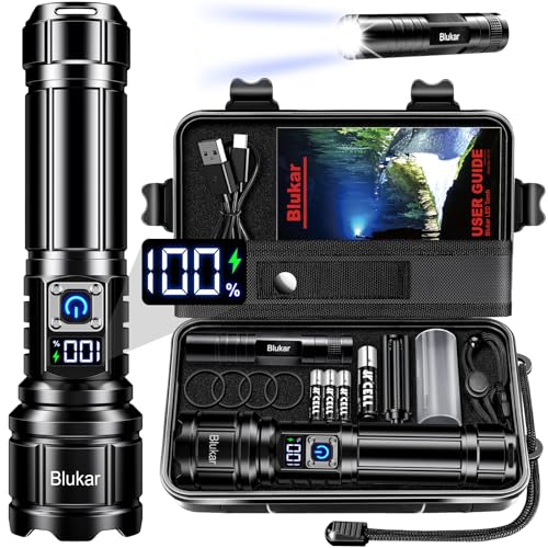 Blukar Lanternas LED de alta potência, lanterna potente de alumínio recarregável, portátil tática militar lanterna com 5 modos de luz, Zoomable, impermeável para emergências/campismo/caminhadas