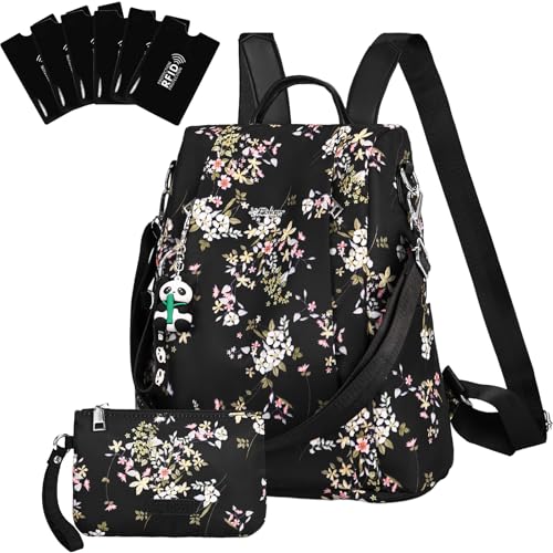 Eshow Mochila anti-roubo para mulheres e meninas, pode ser como mala de ombro ou mala de ombro, adequada para viagens escola compras e trabalho, Preto - Flores rosa dourado, L