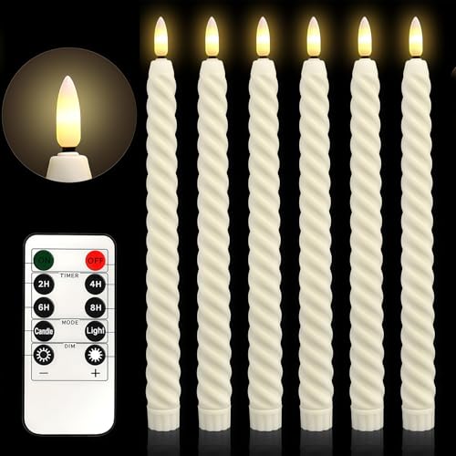 Velas LED sem chama, 6 peças, velas em espiral, 25,5 cm, marfim a pilhas com controlo e temporizador, velas elétricas decorativas para o Natal, casamentos, mesa de janela