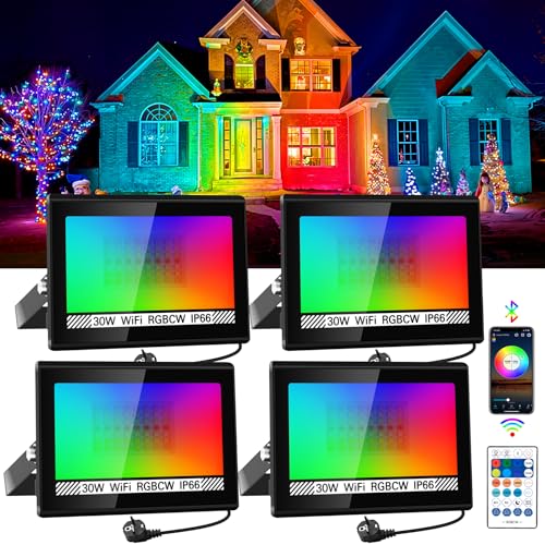 NATPOW Projetor RGB Foco LED para exterior de 30 W com lâmpada RGB com APP Bluetooth e controlo remoto, IP66 impermeável Floodlight LED que muda de cor, RGB Foco para jardins, pátios (conjunto de 4)