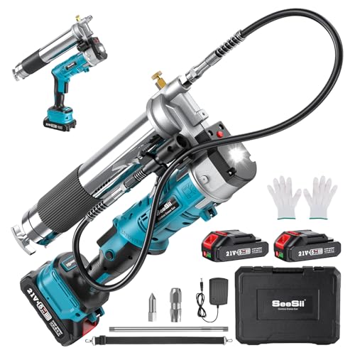 Seesii Inovadora máquina de lubrificação bateria 2 em 1: Kit de pistola de lubrificação de 5,3 oz/min 12000 PSI de alta eficiência com 2 * baterias de 2,0 Ah e carregador, pistola de lubrificação