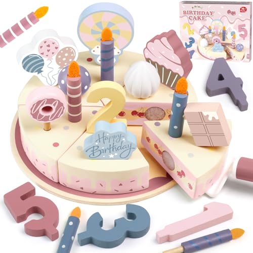 Airlab Brinquedo de madeira para bolo de aniversário, brinquedo de madeira acessórios de cozinha e conjunto de festa de chá, comida de brinquedo para cozinha, brinquedos de alimentos para meninas 3 4