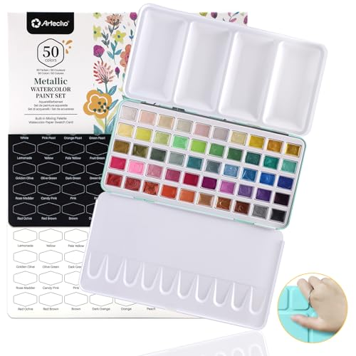 Artecho Kit aguarela 50 cores metálicas em estojo portátil, conjunto de pintura com pincel e papel de aguarela, watercolor, aguarela de viagem, para artistas e pintores fãs