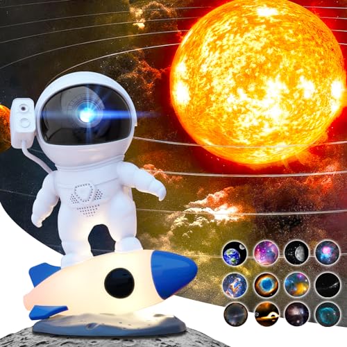 MERTTURM Projetor estrelas, projetor astronauta com 13 discos de filme HD lente ajustável, projetor de planetas com luz noturna de foguete de 9 cores, ideal para decoração de quarto