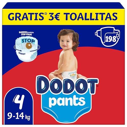 Dodot Pants para bebés fraldas, tamanho 4, 9-15 kg, 198 fraldas, fraldas-cuecas com ajuste 360° anti-fugas, pack mensal