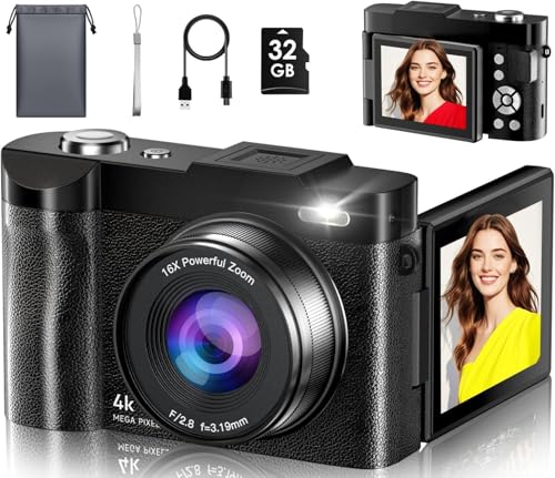 Câmara digital, 4 K 50 MP câmara de fotos 16 X zoom, câmara compacta com ecrã Flip de 180 ° de 2,8", Autofocus Vlogging câmara com 32 GB, recarregável fotográfica para iniciantes, adolescentes