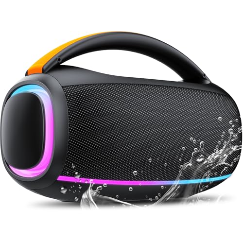 Ajblg Altifalante Bluetooth com luz, caixa de música de 30 W, caixa portátil Bluetooth com IPX7, controlador de graves duplos