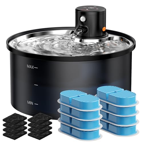 Fonte de água sem fios para gatos, com 8 filtros de carvão 8 esponjas, fonte para gatos com sensor, 3,2 L, aço inoxidável com detetor de movimento