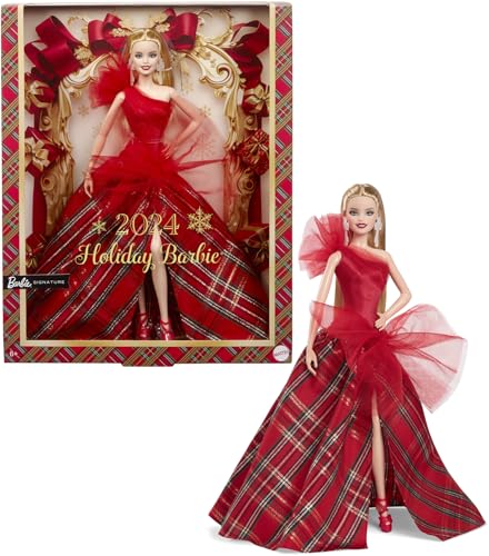Barbie Signature, 2024 Holiday loira com vestido e saia quadriculada, presente de temporada para colecionadores numa embalagem que pode ser mostrada, HRM65