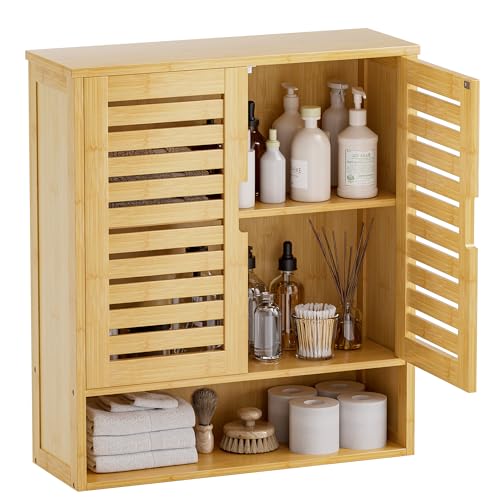 SMIBUY Armário de casa de banho montado na parede, organizador de bambu para armazenamento na sanita, armário de medicamentos para economizar espaço com 2 portas e prateleiras ajustáveis (Natural)