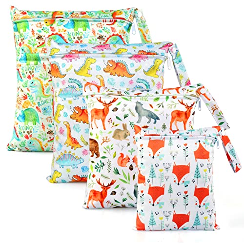 LEADSTAR Bolsa de fraldas impermeável para bebé, 4 peças Wetbag reutilizável lavável organizador de tecido roupa para berçário e escola de maquilhagem de pendurar viagens praia ginásio com fecho de