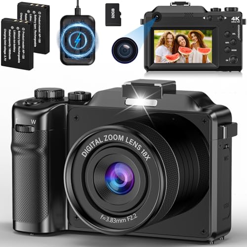 Câmara digital 4K, 64 MP Autofocus câmara de fotos, 18 X câmara fotográfica compacta de 3 polegadas Vlogging câmara com 32 G leitor carregador de bateria e 2 baterias para iniciantes