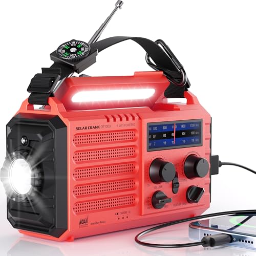 Rádio meteorológico de 5 vias para emergências domésticas ao ar livre, rádio portátil Am/FM/SW e alarme SOS, energia solar, manivela de dínamo manual, lanterna, candeeiro de acampamento, bússola
