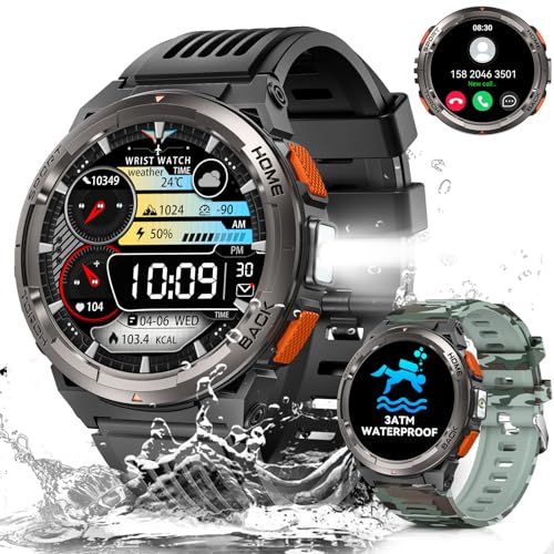 Militar relógio inteligente homem com lanterna LED, 1,45'' 3ATM impermeável Smartwatch homem com chamadas Bluetooth, bússola, altura, barómetro, fitness Tracker com SpO2/pulsómetro/para iOS Android